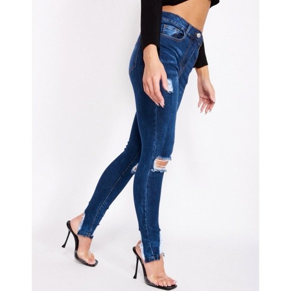 Blue High Waist Ripped Distressed Split Hem Skinny Jeans Denim Pants - Picture 3 of 13